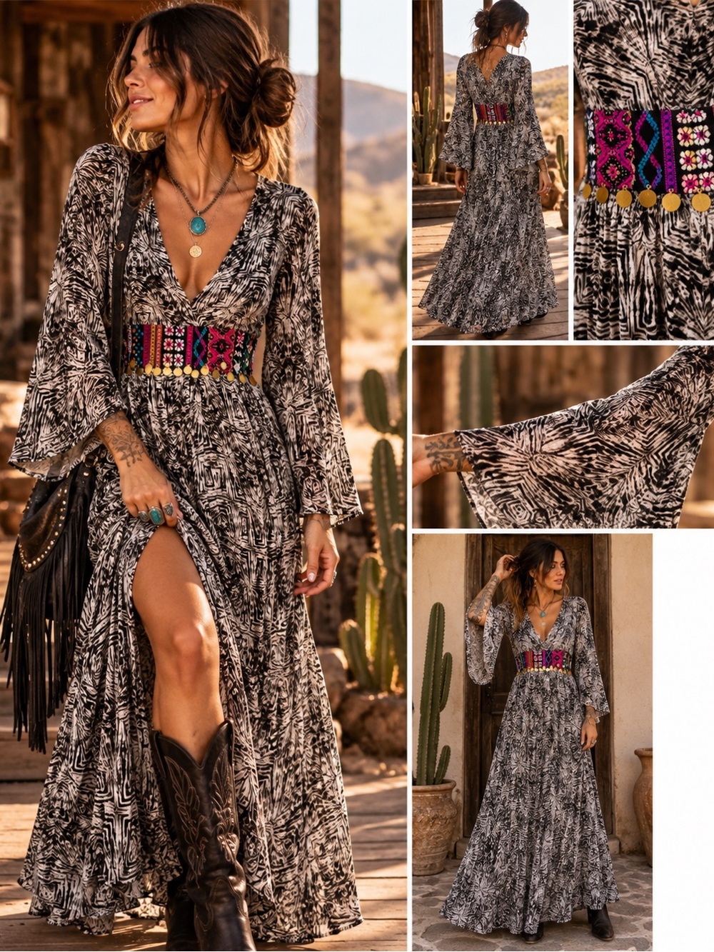 Volcom Boho Embroidered Bell Sleeve Maxi Dress Black White